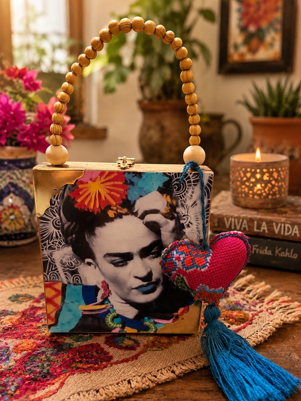 Frida-Inspired Colorful Beaded Handle Box Bag with Heart Tassel - Pink/Blue
